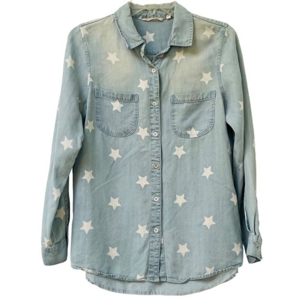 Soft Surroundings Shirt Womens‎ Small Chambray Tencel Stars Celestial Festival